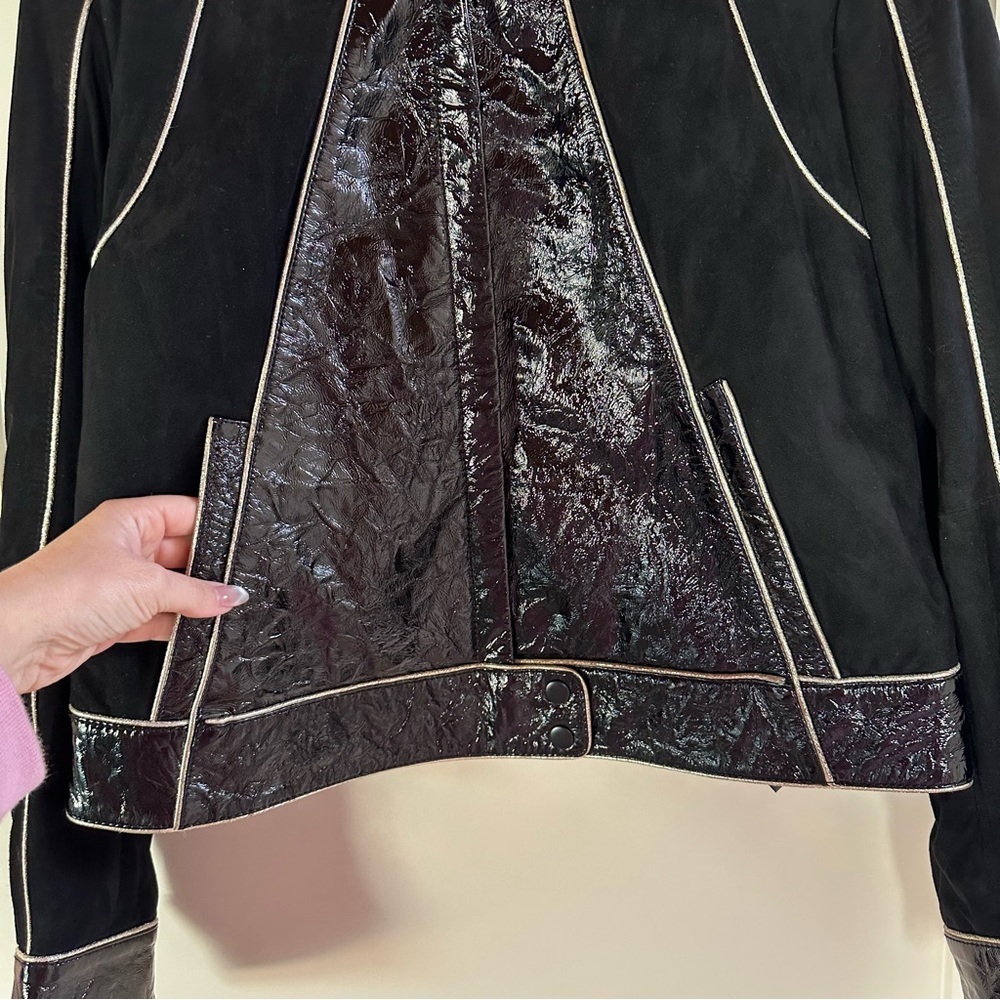 7 For All Mankind Black and White Leather Jacket with Architectural Stitching - Picture 3 of 14